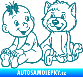 Samolepka Dítě v autě 095 levá holčička s pejskem Ultra Metalic tyrkysová