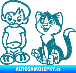 Samolepka Dítě v autě 097 levá kluk a kočka Ultra Metalic tyrkysová