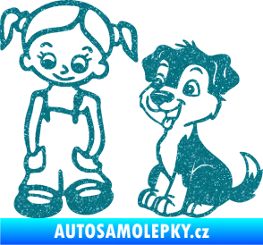 Samolepka Dítě v autě 099 levá holčička a pes Ultra Metalic tyrkysová