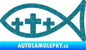 Samolepka Jesus rybička 005 tři kříže křesťanský symbol Ultra Metalic tyrkysová