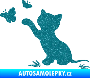 Samolepka Kočka 037 levá s motýlky Ultra Metalic tyrkysová