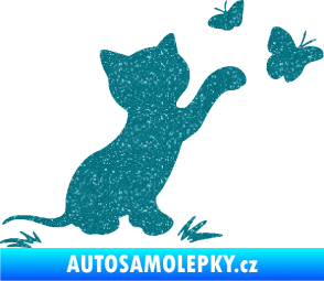 Samolepka Kočka 037 pravá s motýlky Ultra Metalic tyrkysová