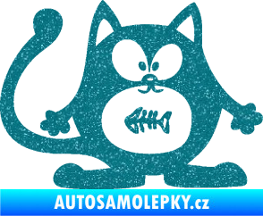 Samolepka Kočka 042 pravá s rybou v bříšku Ultra Metalic tyrkysová