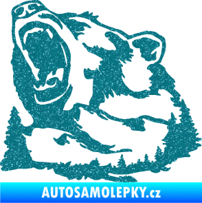 Samolepka Krajina hory 032 levá les s medvědem Ultra Metalic tyrkysová