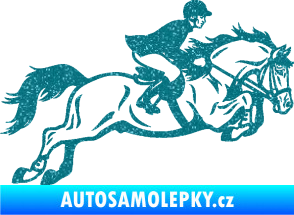 Samolepka Kůň 059  pravá jezdec na koni parkur Ultra Metalic tyrkysová