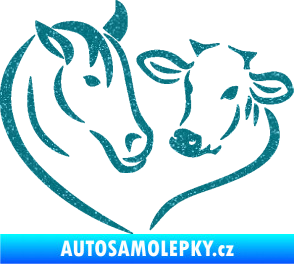 Samolepka Kůň s kravičkou v srdíčku levá láska ke zvířatům Ultra Metalic tyrkysová