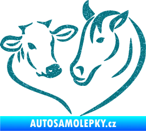Samolepka Kůň s kravičkou v srdíčku pravá láska ke zvířatům Ultra Metalic tyrkysová