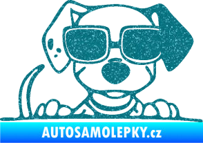 Samolepka Pes s brýlemi 101 pravá v autě Ultra Metalic tyrkysová
