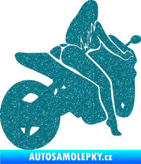 Samolepka Sexy žena na motorce pravá Ultra Metalic tyrkysová