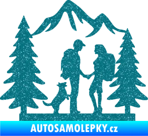 Samolepka Zamilovaná turistika 001 pravá výlet s pejskem Ultra Metalic tyrkysová