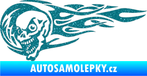 Samolepka Zubatka levá lebka v plamenech Ultra Metalic tyrkysová