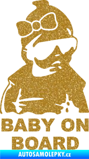 Samolepka Baby on board 001 pravá s textem miminko s brýlemi a s mašlí Ultra Metalic zlatá