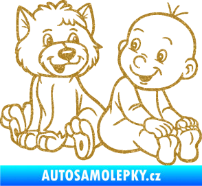 Samolepka Dítě v autě 087 pravá chlapeček s pejskem Ultra Metalic zlatá