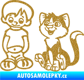 Samolepka Dítě v autě 097 levá kluk a kočka Ultra Metalic zlatá