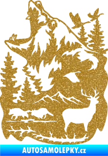 Samolepka Krajina hory 039 levá medvěd a lesní zvěř Ultra Metalic zlatá