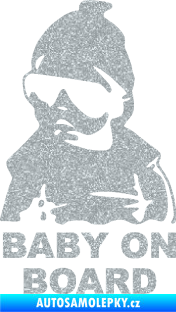 Samolepka Baby on board 002 levá s textem miminko s brýlemi Ultra Metalic stříbrná metalíza