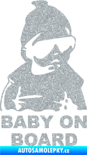 Samolepka Baby on board 002 pravá s textem miminko s brýlemi Ultra Metalic stříbrná metalíza