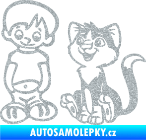 Samolepka Dítě v autě 097 levá kluk a kočka Ultra Metalic stříbrná metalíza