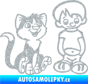 Samolepka Dítě v autě 097 pravá kluk a kočka Ultra Metalic stříbrná metalíza