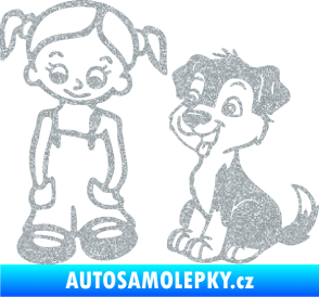 Samolepka Dítě v autě 099 levá holčička a pes Ultra Metalic stříbrná metalíza