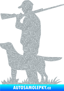 Samolepka Myslivec 005 levá se psem na lovu Ultra Metalic stříbrná metalíza