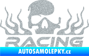 Samolepka Racing nápis s lebkou pravá Ultra Metalic stříbrná metalíza