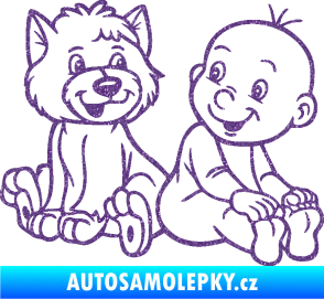 Samolepka Dítě v autě 087 pravá chlapeček s pejskem Ultra Metalic fialová