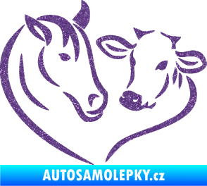 Samolepka Kůň s kravičkou v srdíčku levá láska ke zvířatům Ultra Metalic fialová