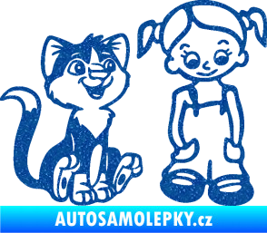 Samolepka Dítě v autě 098 pravá holčička a kočka Ultra Metalic modrá