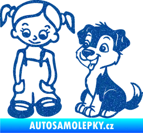 Samolepka Dítě v autě 099 levá holčička a pes Ultra Metalic modrá
