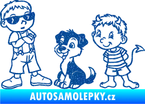 Samolepka Dítě v autě 104 levá dva kluci a pes Ultra Metalic modrá