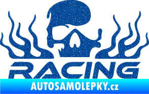 Samolepka Racing nápis s lebkou pravá Ultra Metalic modrá
