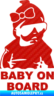 Samolepka Baby on board 001 pravá s textem miminko s brýlemi a s mašlí 3D karbon červený