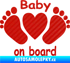 Samolepka Baby on board 004 s textem nožičky se srdíčkem 3D karbon červený