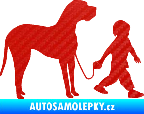 Samolepka Chlapec venčí psa pravá 3D karbon červený