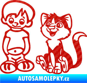 Samolepka Dítě v autě 097 levá kluk a kočka 3D karbon červený
