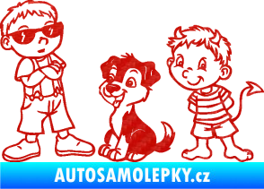 Samolepka Dítě v autě 104 levá dva kluci a pes 3D karbon červený