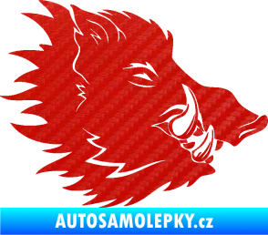 Samolepka Divoké prase 001 pravá kanec hlava 3D karbon červený