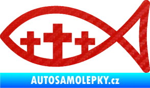 Samolepka Jesus rybička 005 tři kříže křesťanský symbol 3D karbon červený