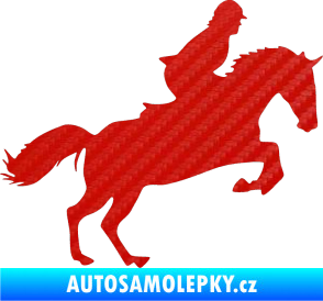 Samolepka Kůň 014 pravá skok s jezdcem 3D karbon červený