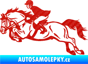 Samolepka Kůň 059  levá jezdec na koni parkur 3D karbon červený