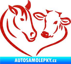 Samolepka Kůň s kravičkou v srdíčku levá láska ke zvířatům 3D karbon červený