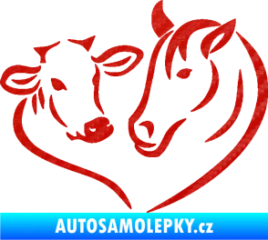 Samolepka Kůň s kravičkou v srdíčku pravá láska ke zvířatům 3D karbon červený