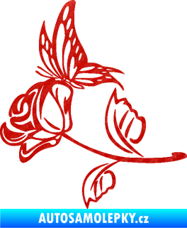 Samolepka Květina dekor 030 levá růže s motýlkem 3D karbon červený