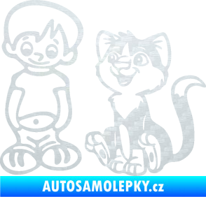 Samolepka Dítě v autě 097 levá kluk a kočka 3D karbon bílý