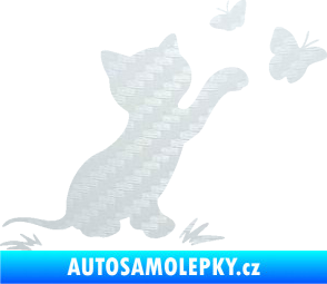 Samolepka Kočka 037 pravá s motýlky 3D karbon bílý