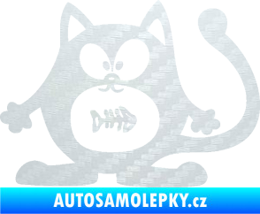 Samolepka Kočka 042 levá s rybou v bříšku 3D karbon bílý