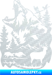 Samolepka Krajina hory 039 levá medvěd a lesní zvěř 3D karbon bílý