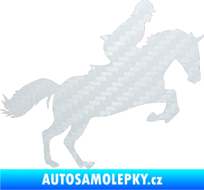 Samolepka Kůň 014 pravá skok s jezdcem 3D karbon bílý