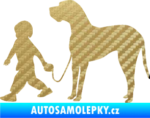 Samolepka Chlapec venčí psa levá 3D karbon zlatý
